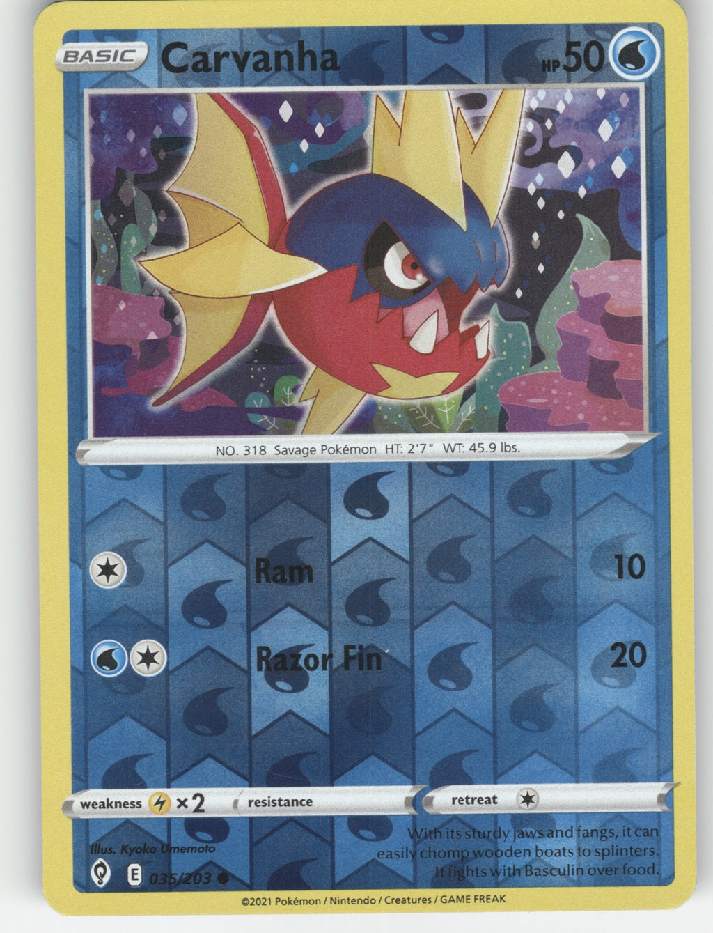 Carvanha Reverse Holo Common SWSH07: Evolving Skies 035/203 NM