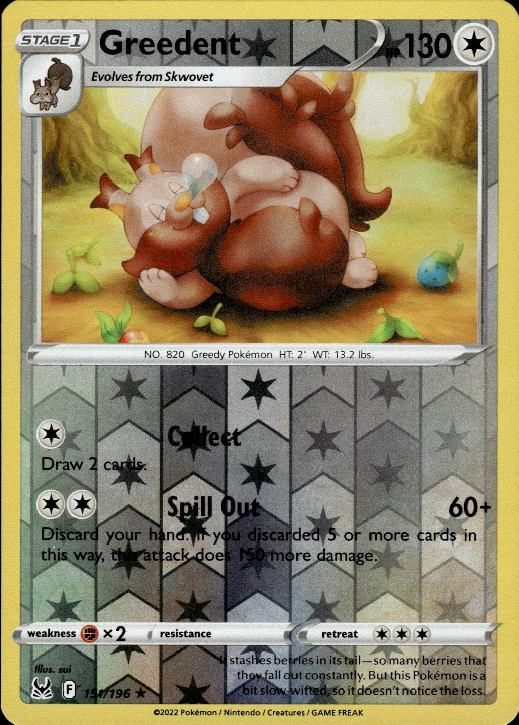 Greedent Reverse Holo Rare SWSH11: Lost Origin 151/196 NM