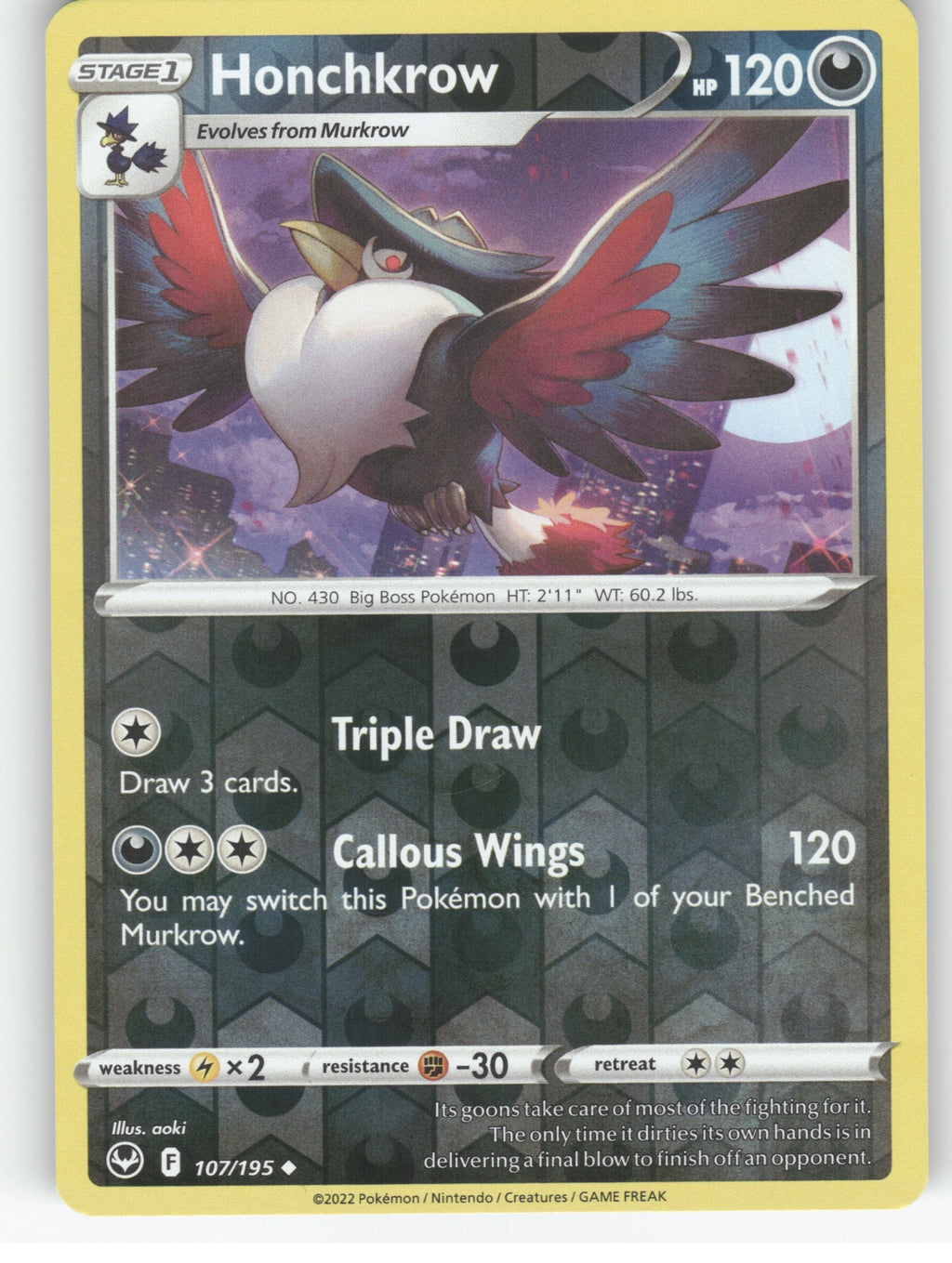 Honchkrow Reverse Holo Uncommon SWSH12: Silver Tempest 107/195 NM