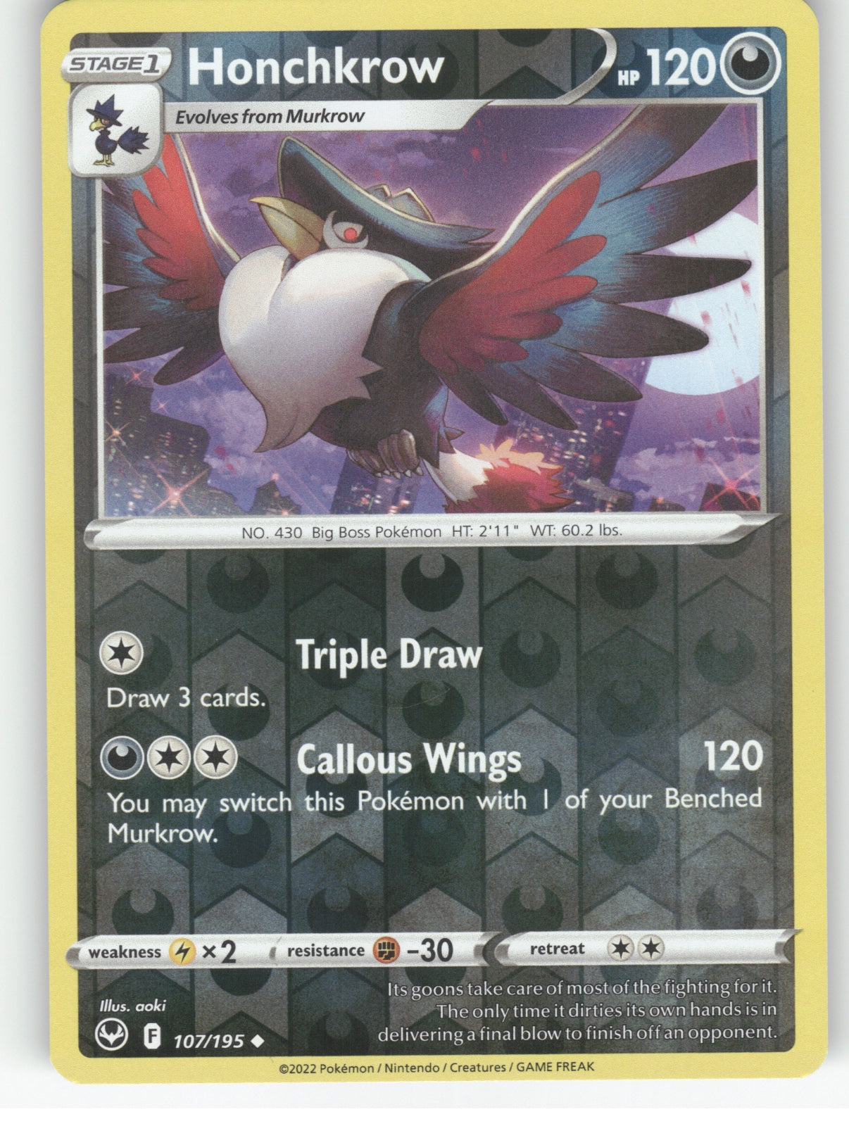Honchkrow Reverse Holo Uncommon SWSH12: Silver Tempest 107/195 NM