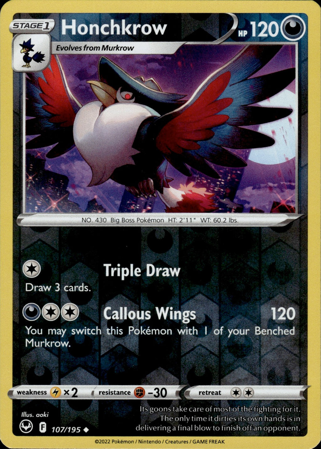 Honchkrow Reverse Holo Uncommon SWSH12: Silver Tempest 107/195 NM