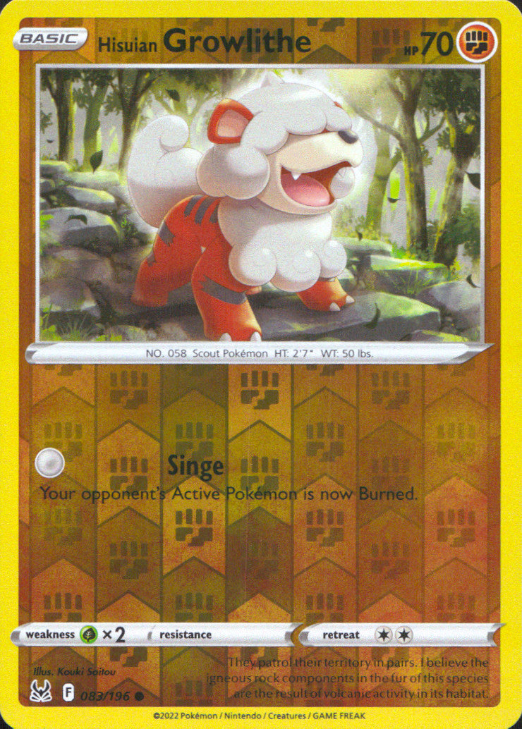 Hisuian Growlithe Reverse Holo Common SWSH11: Lost Origin 083/196 NM