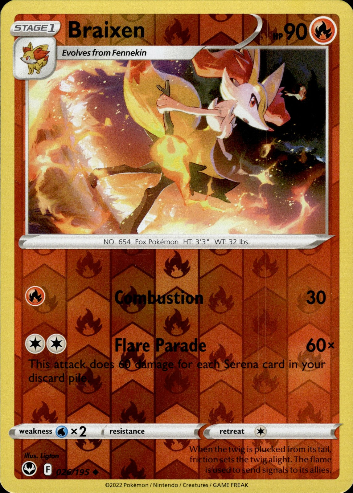 Braixen Reverse Holo Uncommon SWSH12: Silver Tempest 026/195 NM