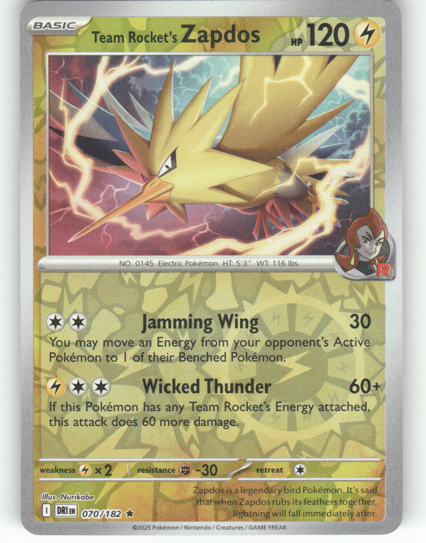 Team Rocket's Zapdos Reverse Holo Rare SV10: Destined Rivals 070/182 NM
