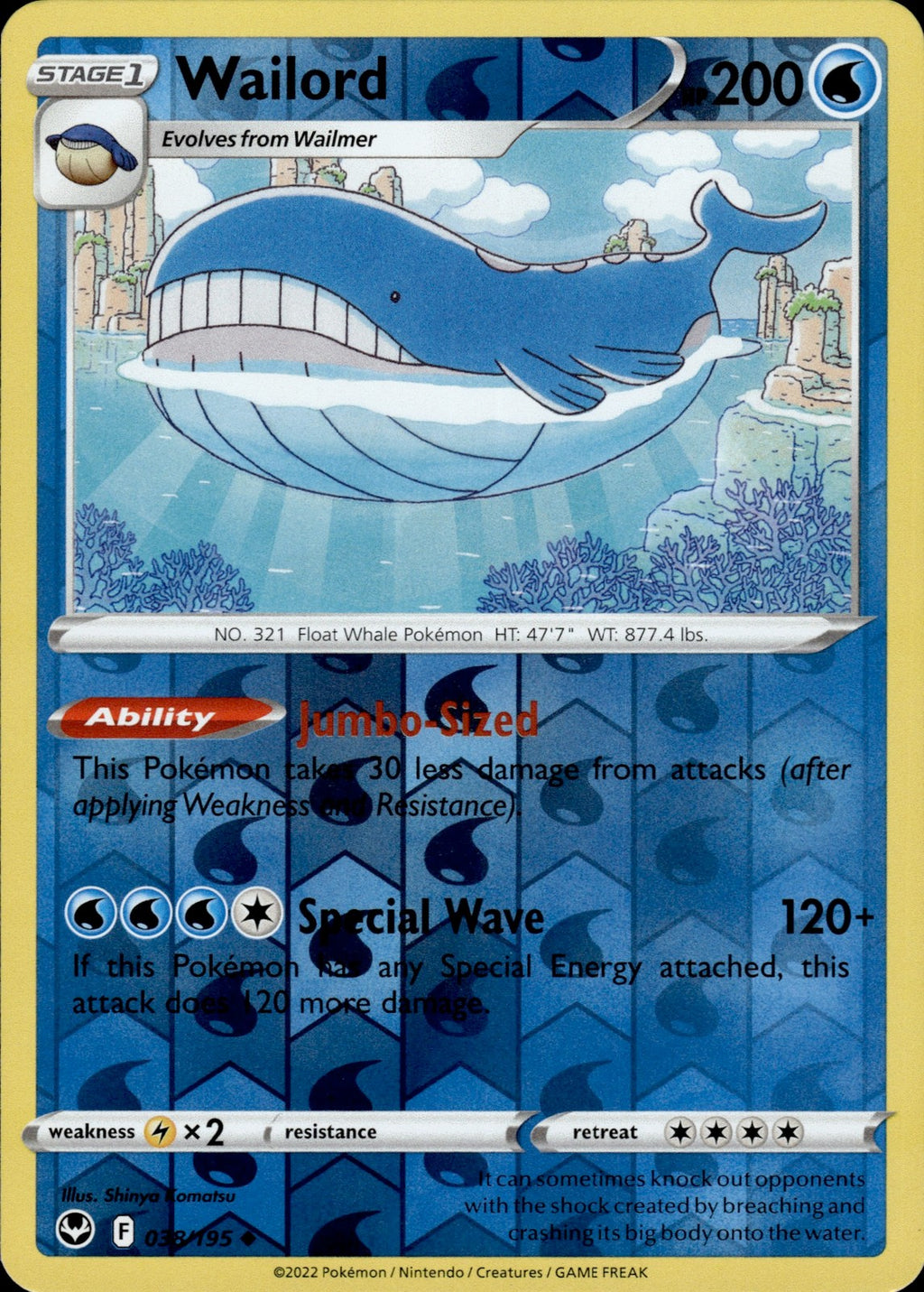 Wailord Reverse Holo Uncommon SWSH12: Silver Tempest 038/195 NM