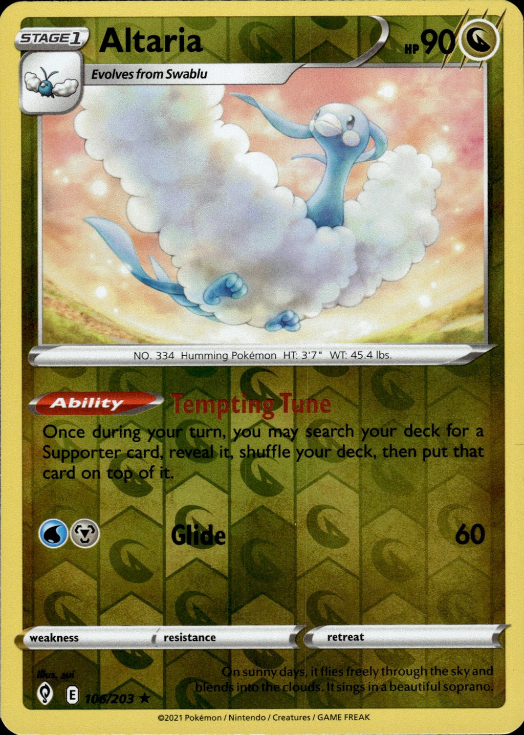 Altaria Reverse Holo Rare SWSH07: Evolving Skies 106/203 NM