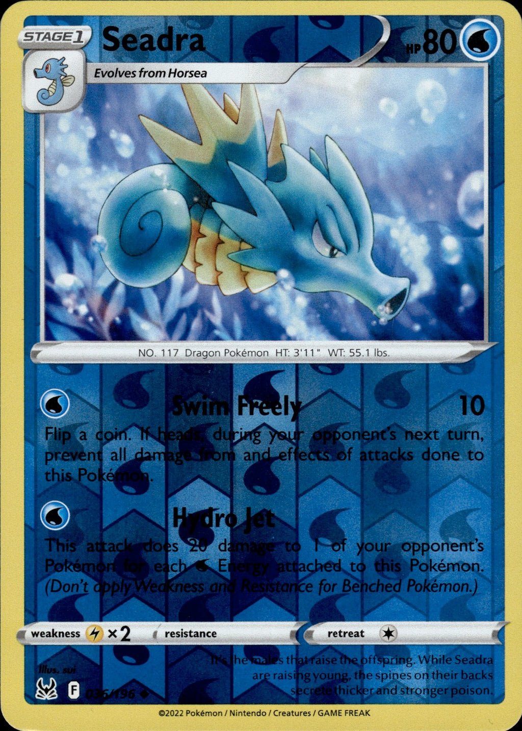 Seadra Reverse Holo Uncommon SWSH11: Lost Origin 036/196 NM
