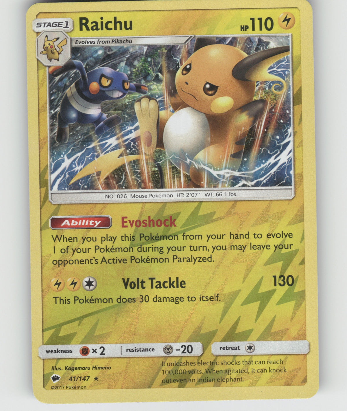 Raichu Reverse Holo Holo Rare SM - Burning Shadows 41/147 NM