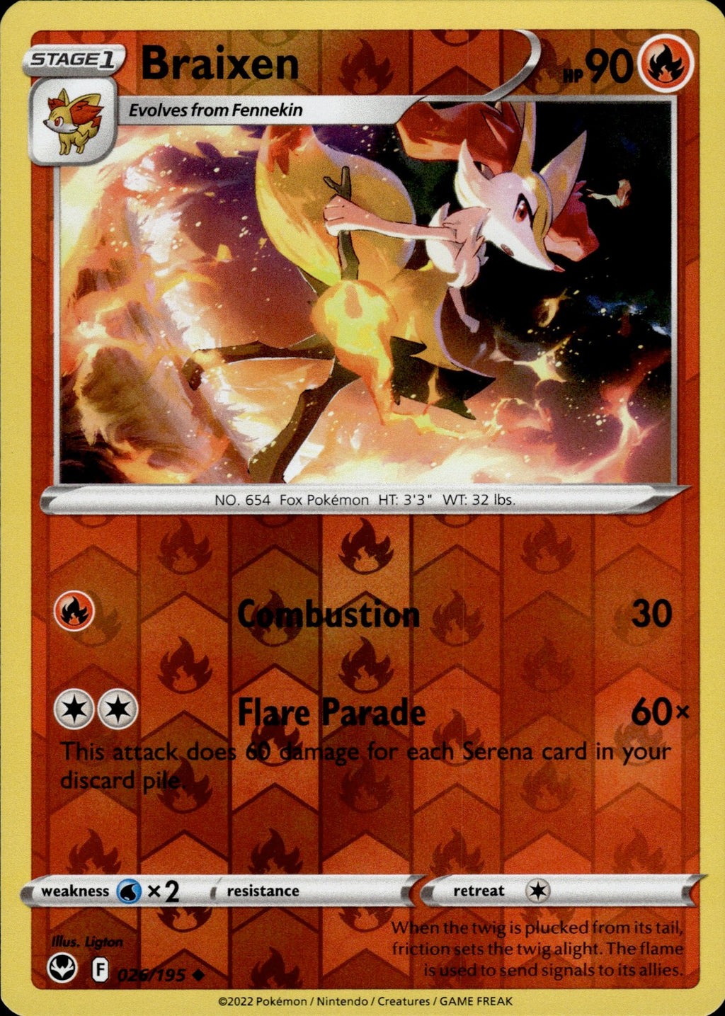 Braixen Reverse Holo Uncommon SWSH12: Silver Tempest 026/195 NM