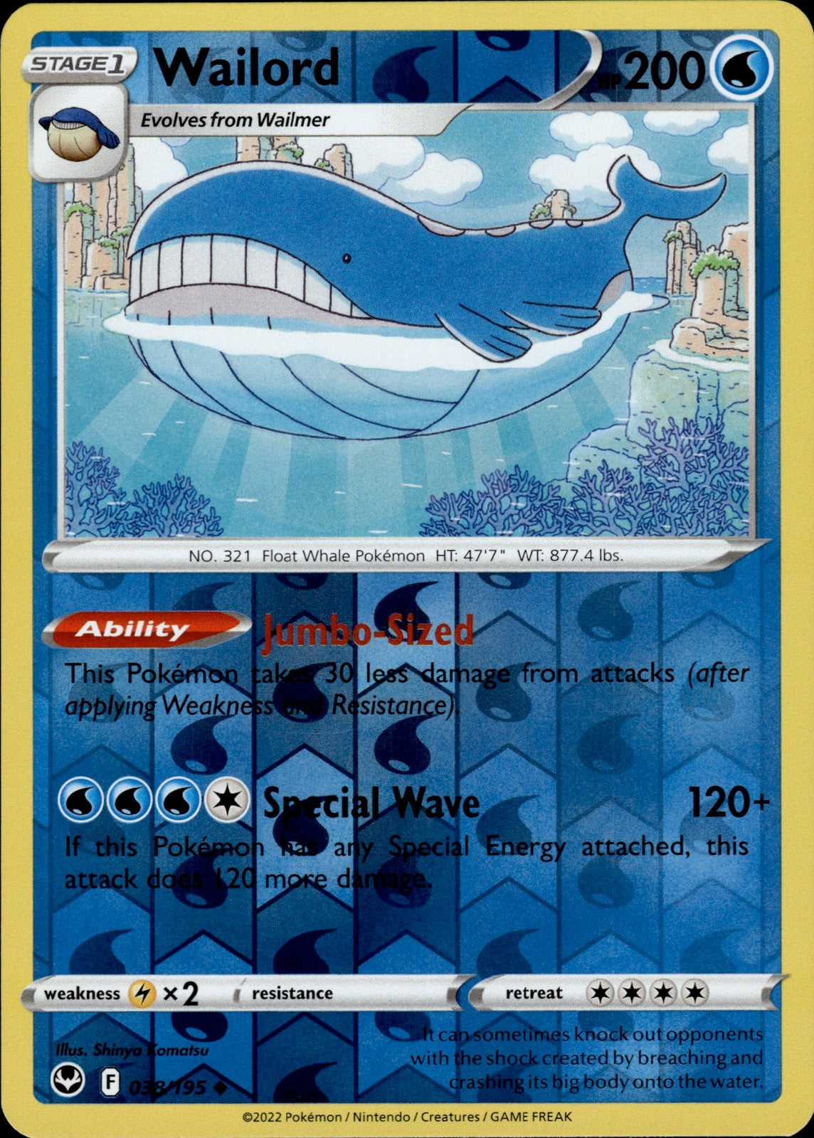 Wailord Reverse Holo Uncommon SWSH12: Silver Tempest 038/195 NM