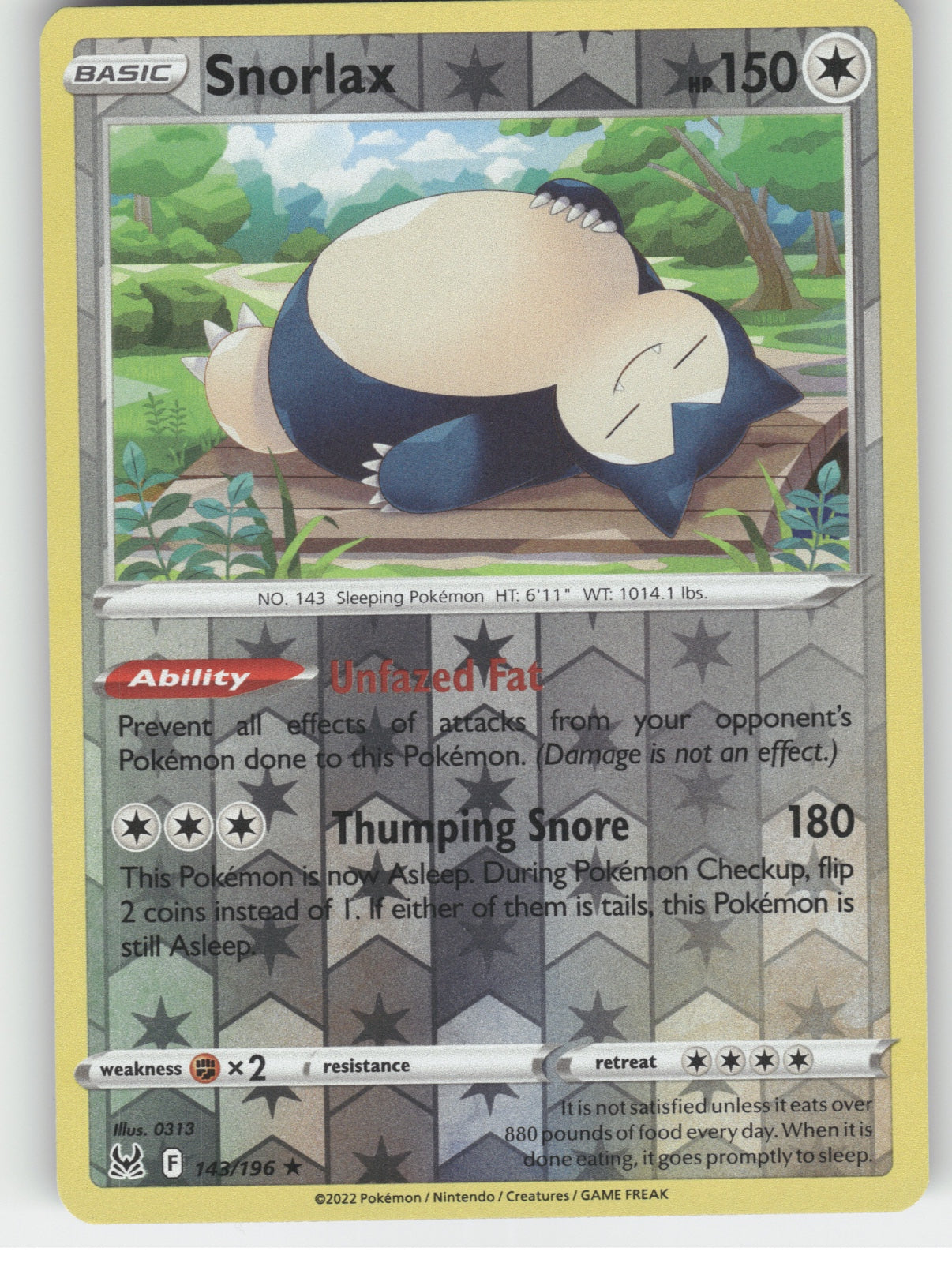 Snorlax Reverse Holo Holo Rare SWSH11: Lost Origin 143/196 NM
