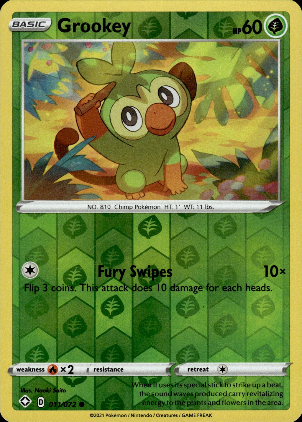Grookey Reverse Holo Common Shining Fates 011/072 NM