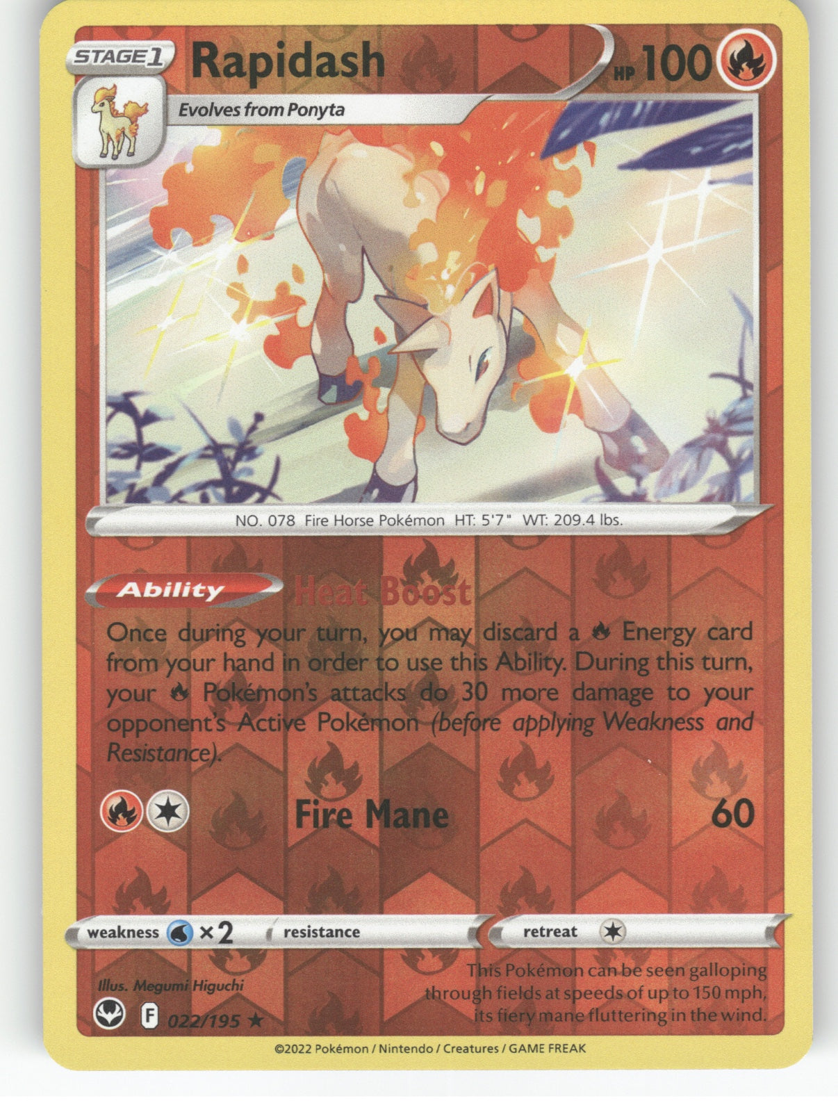 Rapidash Reverse Holo Holo Rare SWSH12: Silver Tempest 022/195 NM