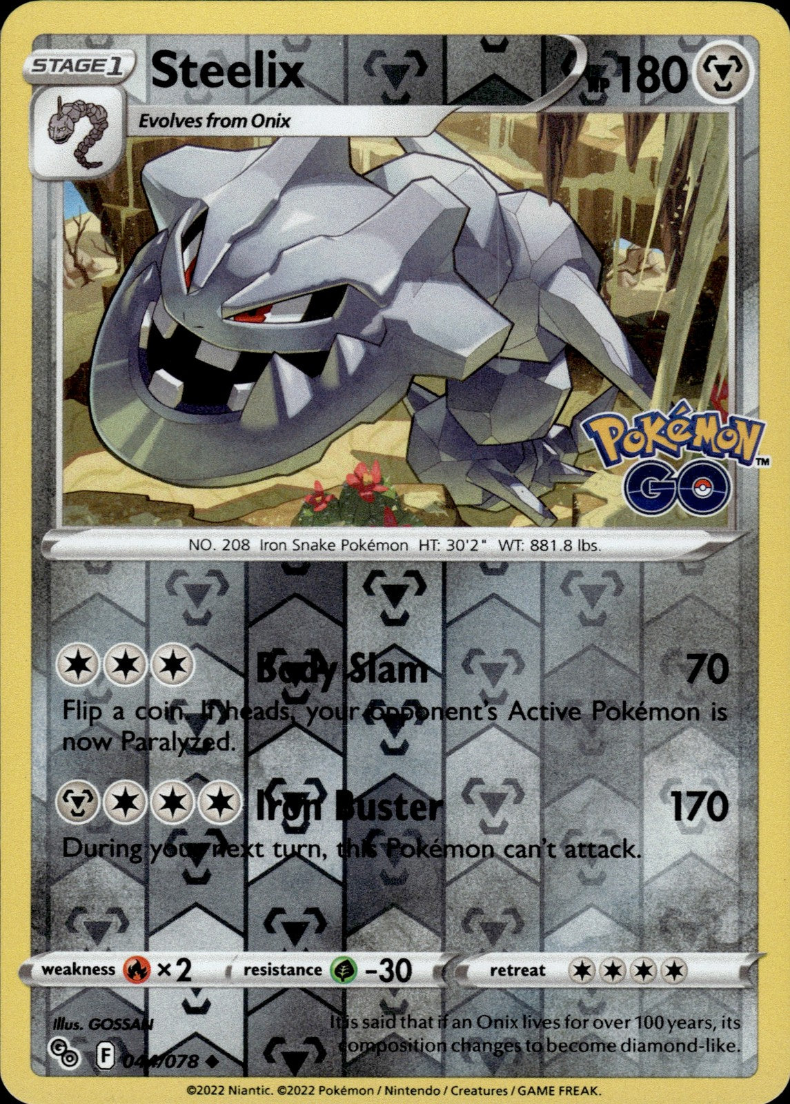 Steelix Reverse Holo Uncommon Pokemon GO 044/078 NM