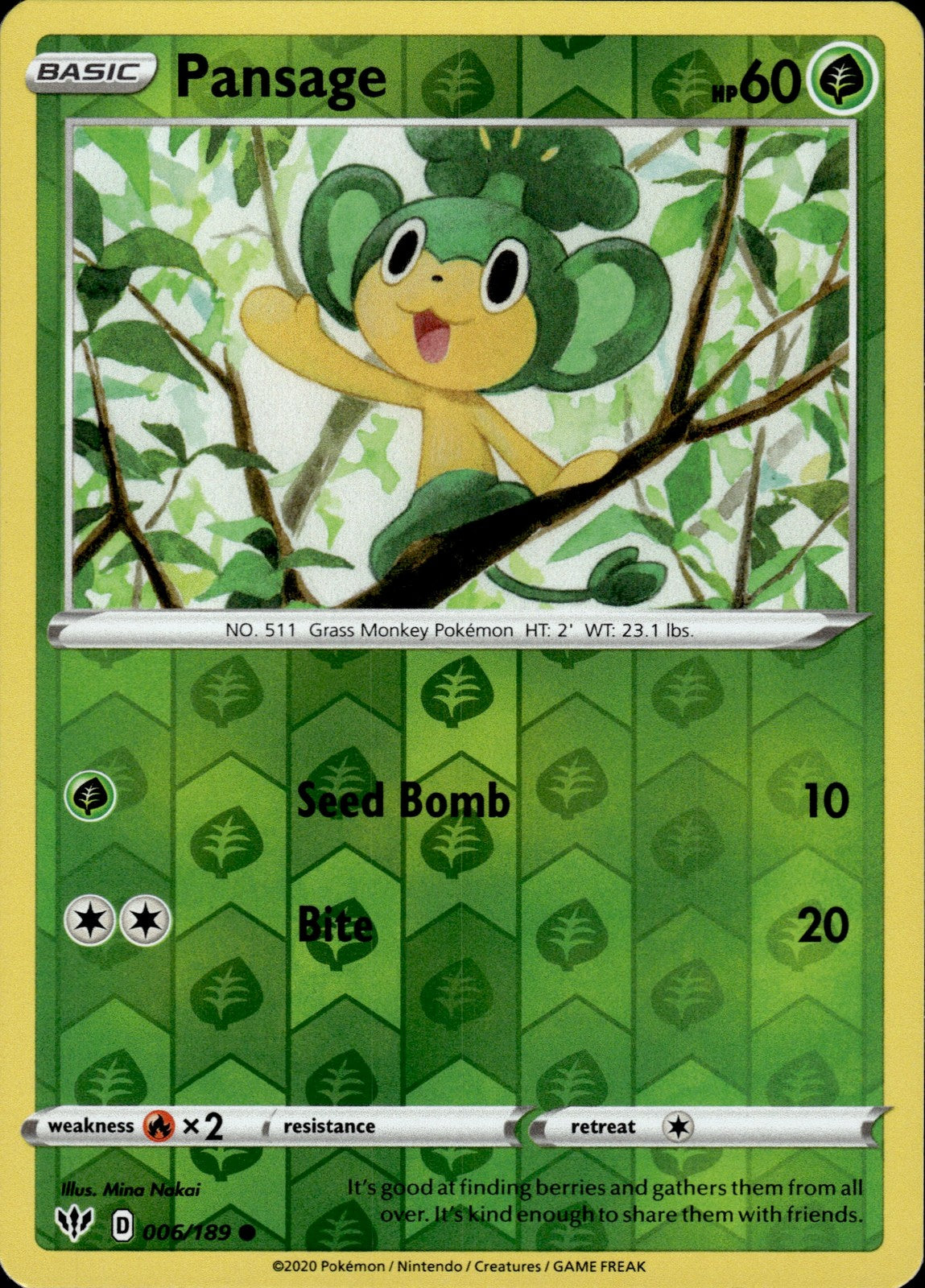 Pansage Reverse Holo Common SWSH03: Darkness Ablaze 006/189 NM
