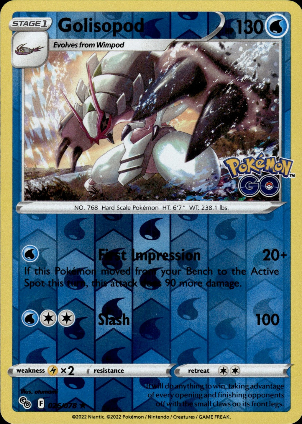 Golisopod Reverse Holo Holo Rare Pokemon GO 026/078 NM