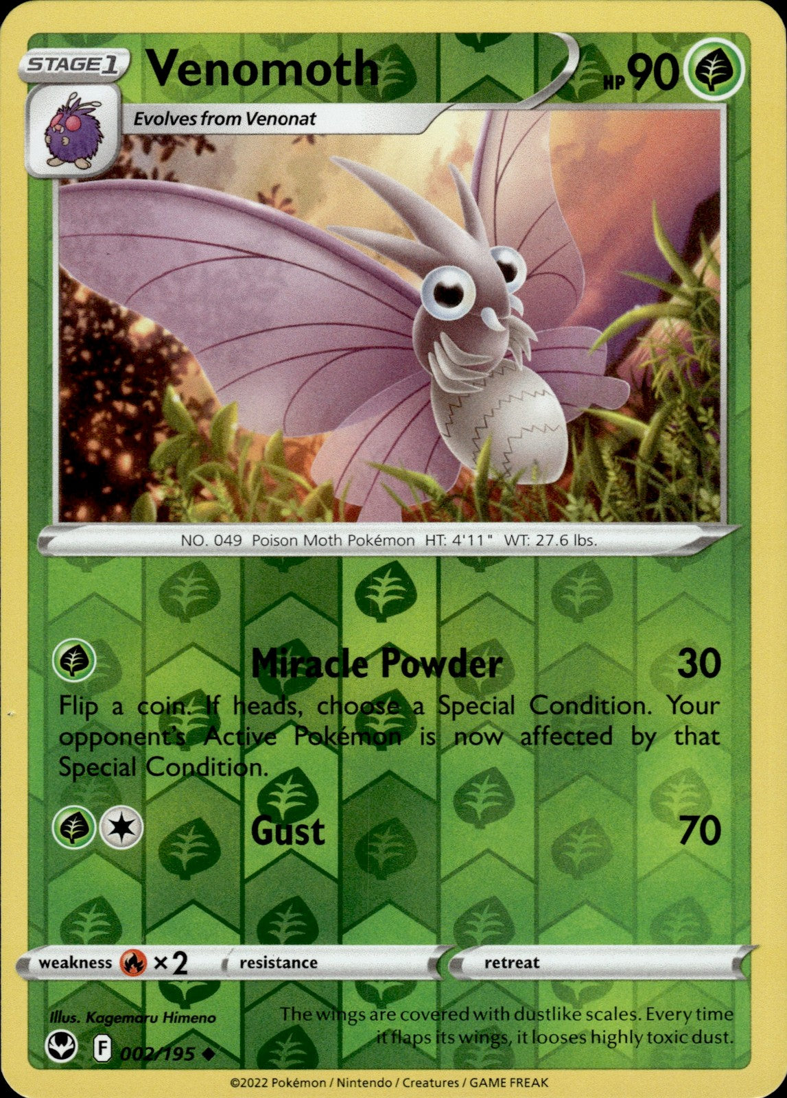 Venomoth Reverse Holo Uncommon SWSH12: Silver Tempest 002/195 NM