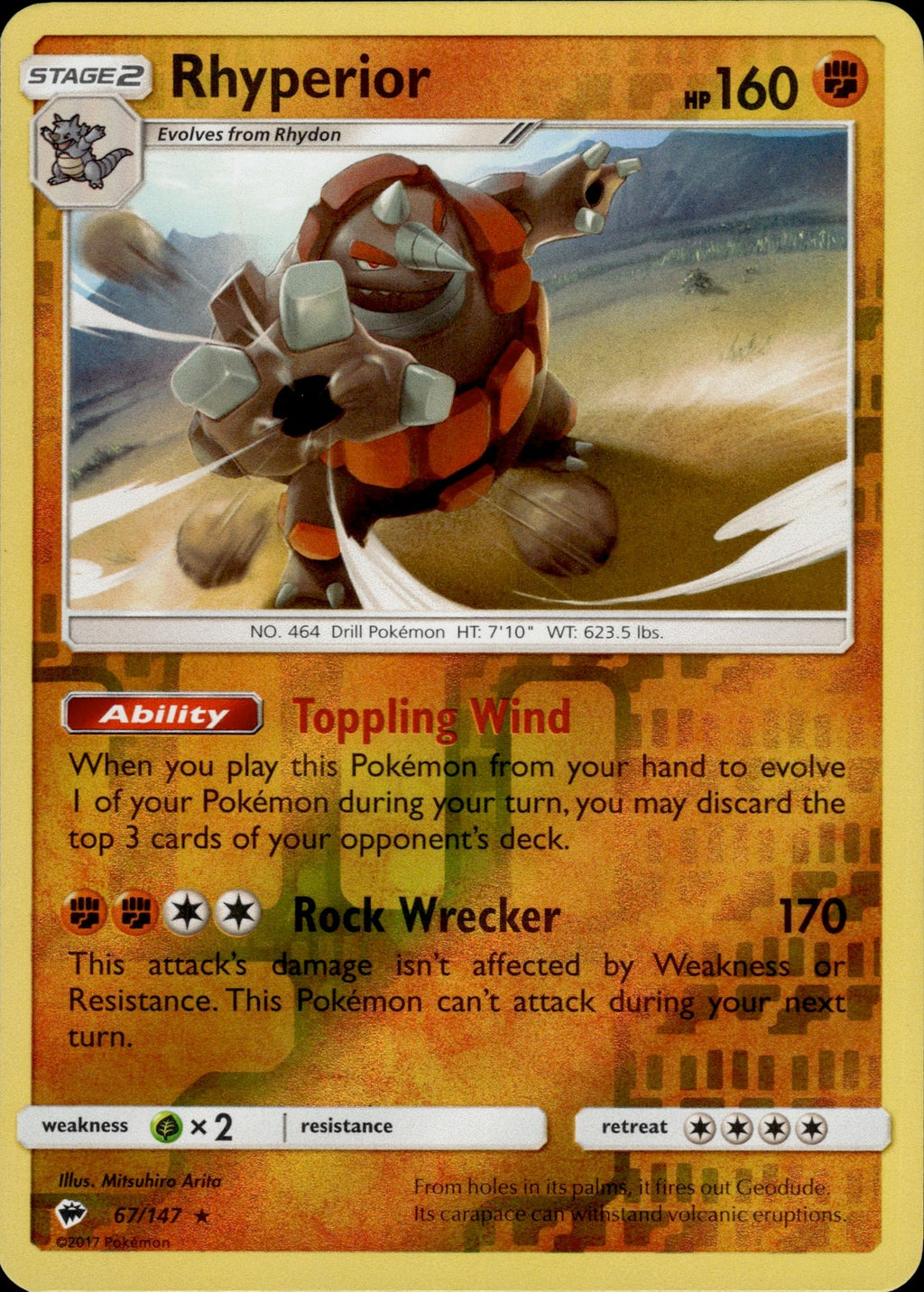 Rhyperior Reverse Holo Holo Rare SM - Burning Shadows 67/147 NM