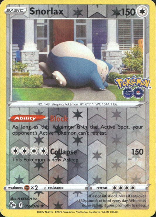 Snorlax Reverse Holo Holo Rare Pokemon GO 055/078 NM