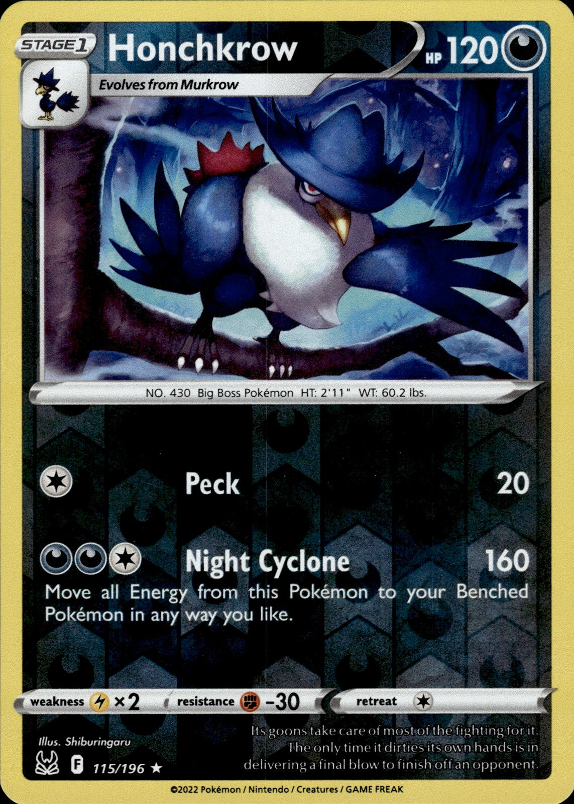 Honchkrow Reverse Holo Rare SWSH11: Lost Origin 115/196 NM
