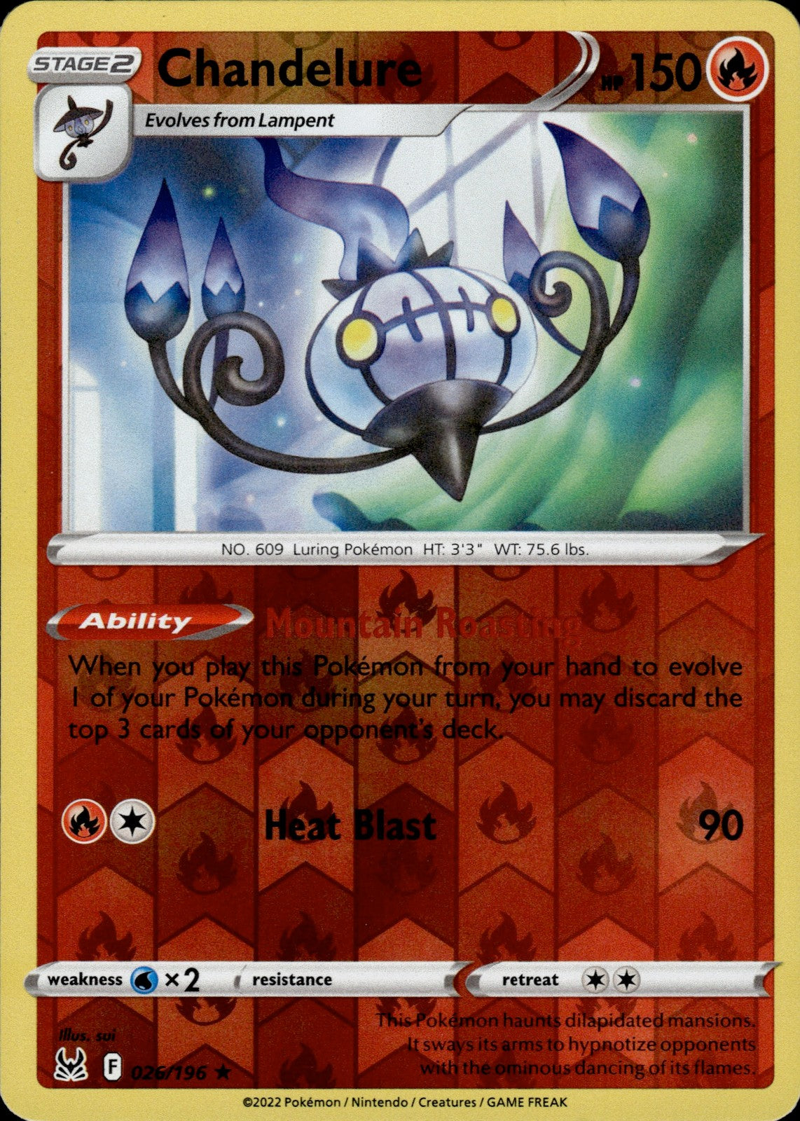 Chandelure Reverse Holo Holo Rare SWSH11: Lost Origin 026/196 NM