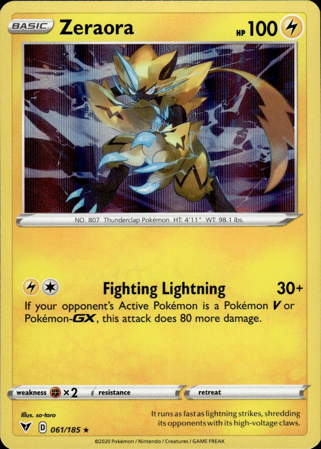 Zeraora Reverse Holo Holo Rare SWSH04: Vivid Voltage 061/185 NM