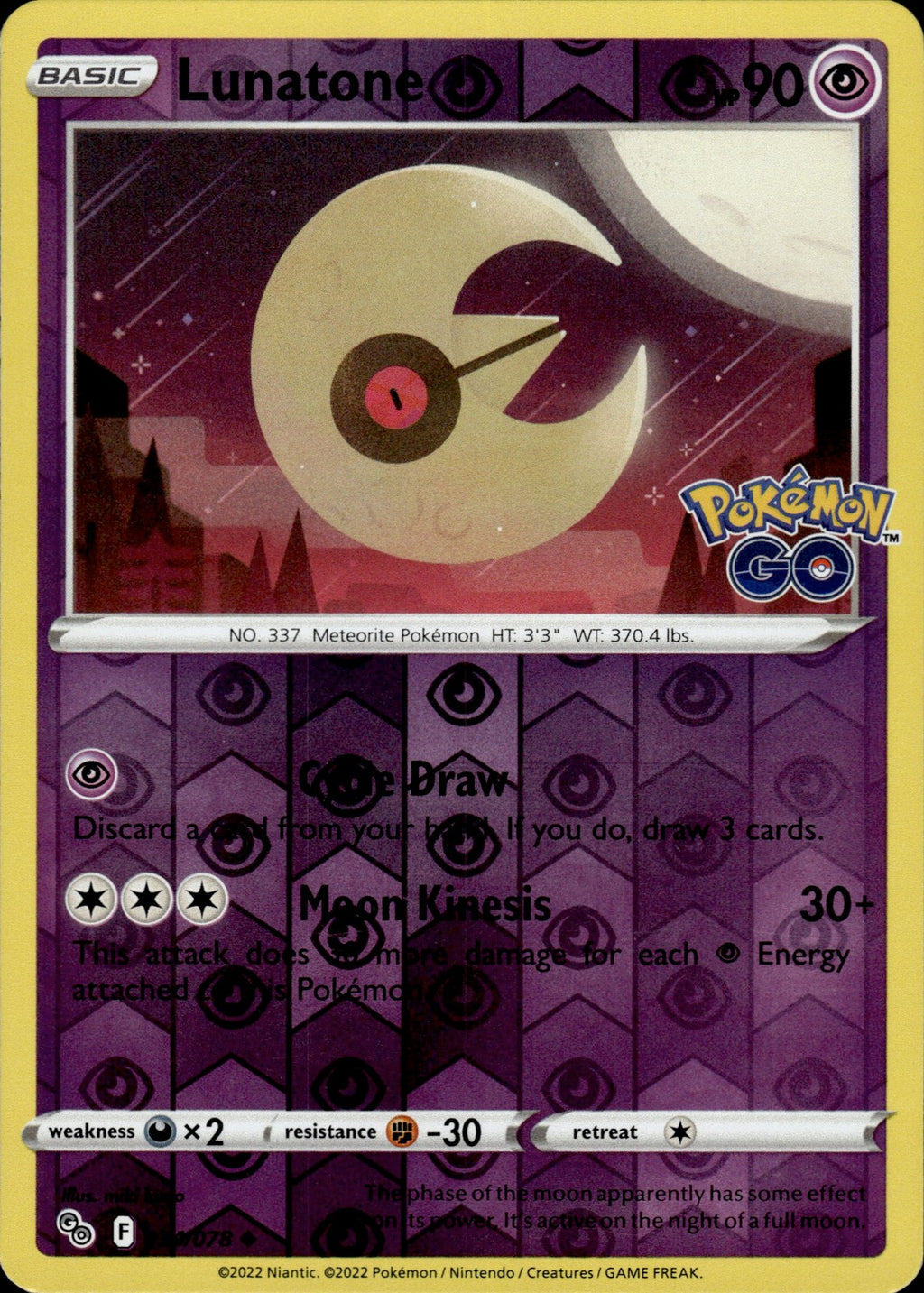 Lunatone Reverse Holo Uncommon Pokemon GO 034/078 NM