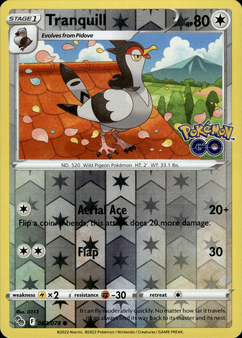 Tranquill Reverse Holo Common Pokemon GO 062/078 NM
