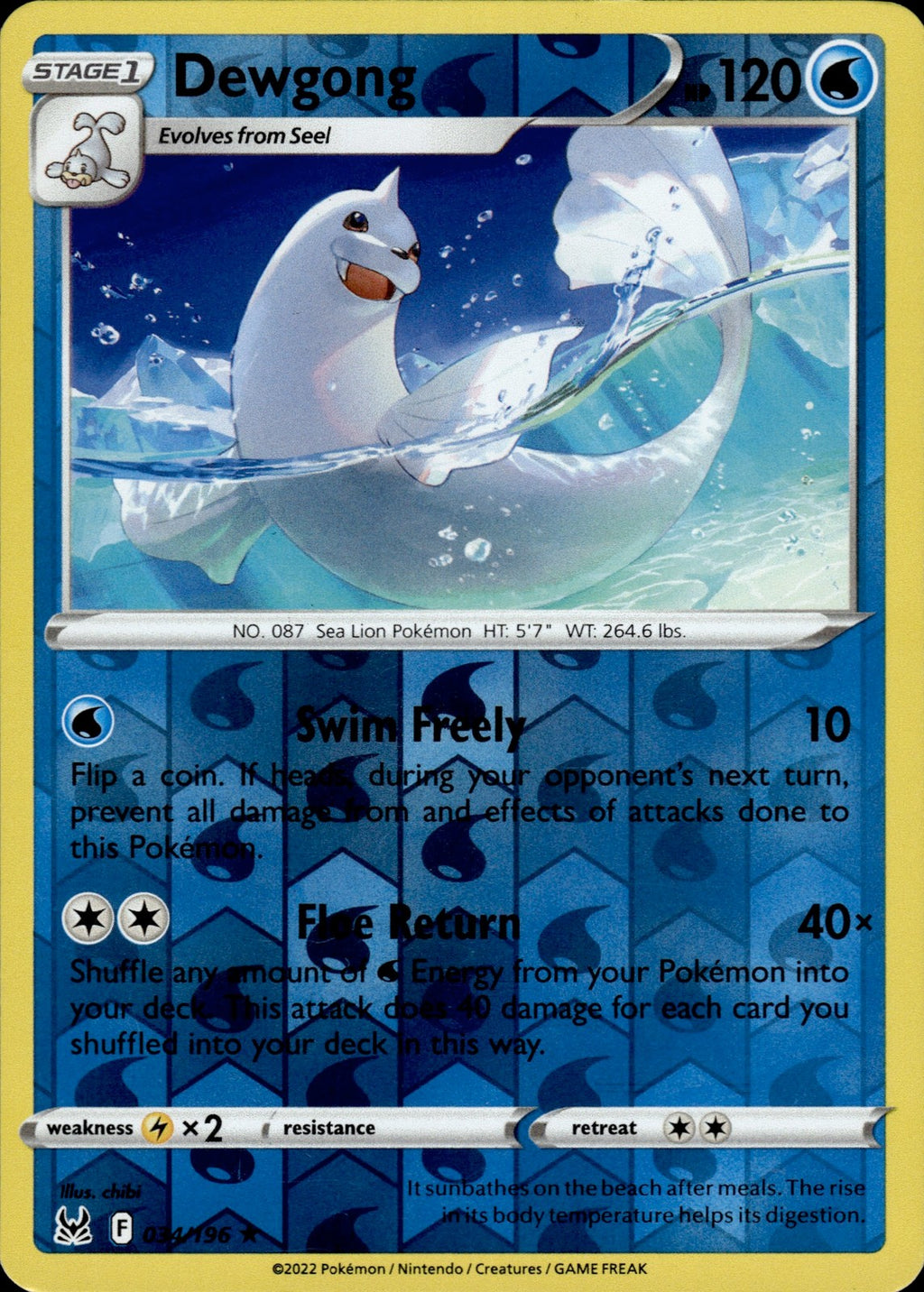 Dewgong Reverse Holo Rare SWSH11: Lost Origin 034/196 NM
