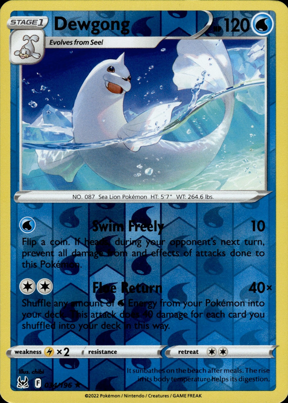 Dewgong Reverse Holo Rare SWSH11: Lost Origin 034/196 NM