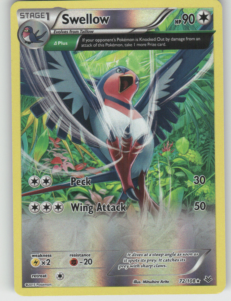 Swellow (72 Delta) Reverse Holo Holo Rare XY - Roaring Skies 72/108 NM