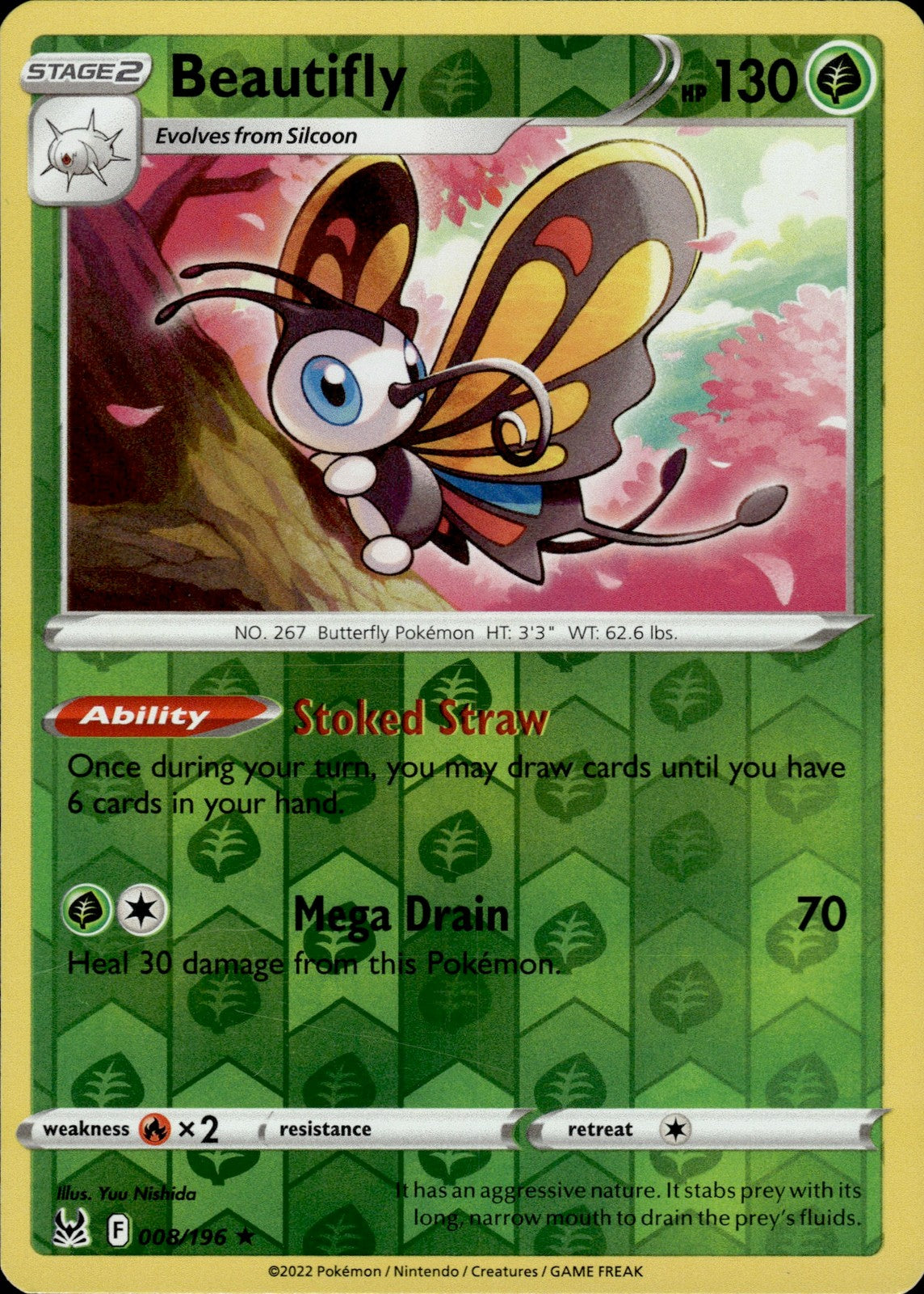 Beautifly Reverse Holo Holo Rare SWSH11: Lost Origin 008/196 NM