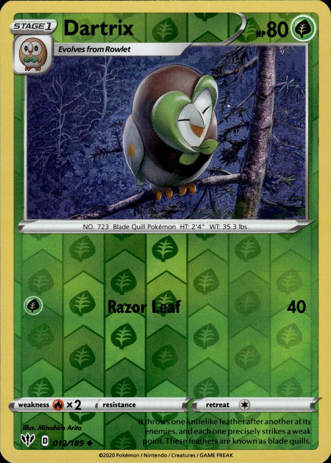 Dartrix Reverse Holo Uncommon SWSH03: Darkness Ablaze 012/189 NM