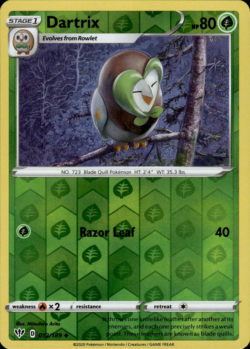 Dartrix Reverse Holo Uncommon SWSH03: Darkness Ablaze 012/189 NM