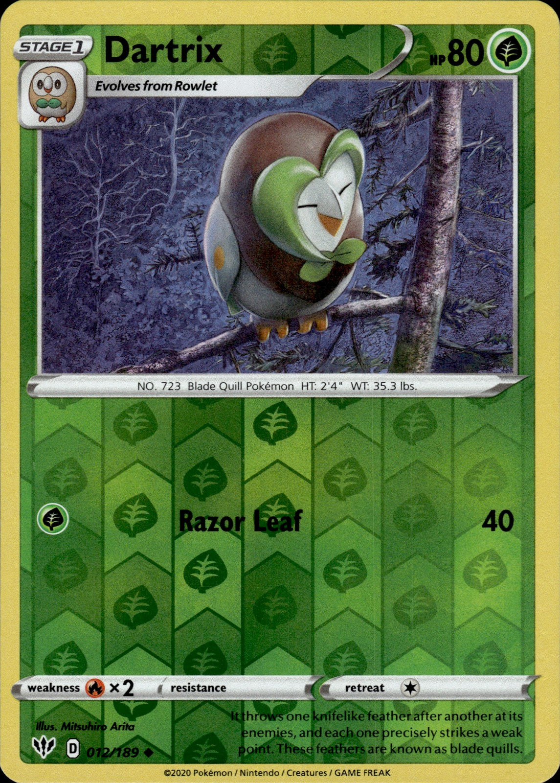Dartrix Reverse Holo Uncommon SWSH03: Darkness Ablaze 012/189 NM