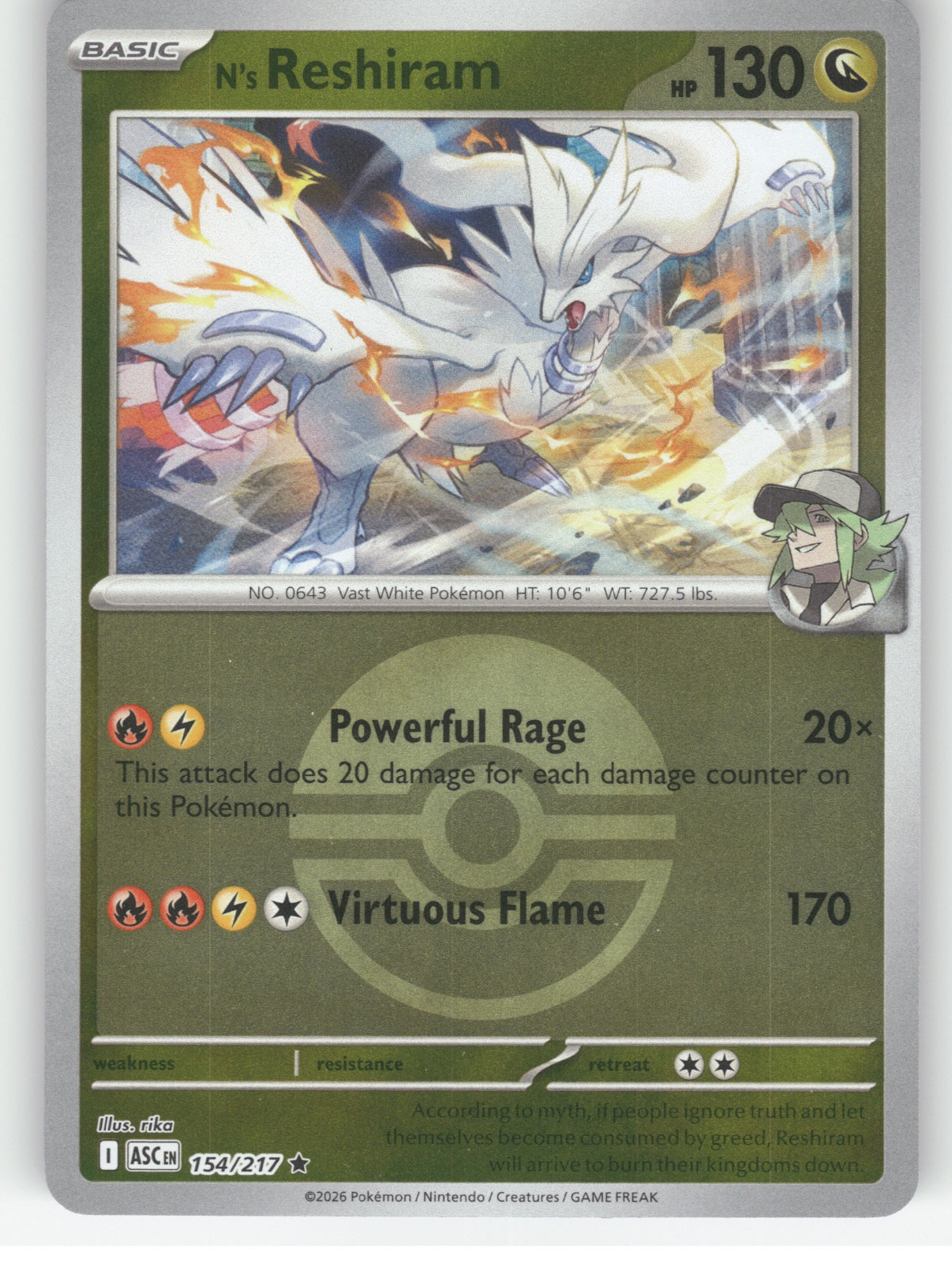 N's Reshiram (Poke Ball) Reverse Holo Rare ME: Ascended Heroes 154/217 NM