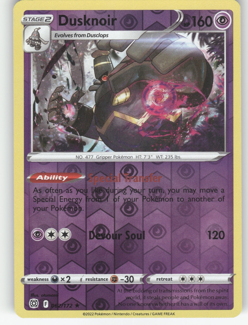 Dusknoir Reverse Holo Holo Rare SWSH09: Brilliant Stars 062/172 NM