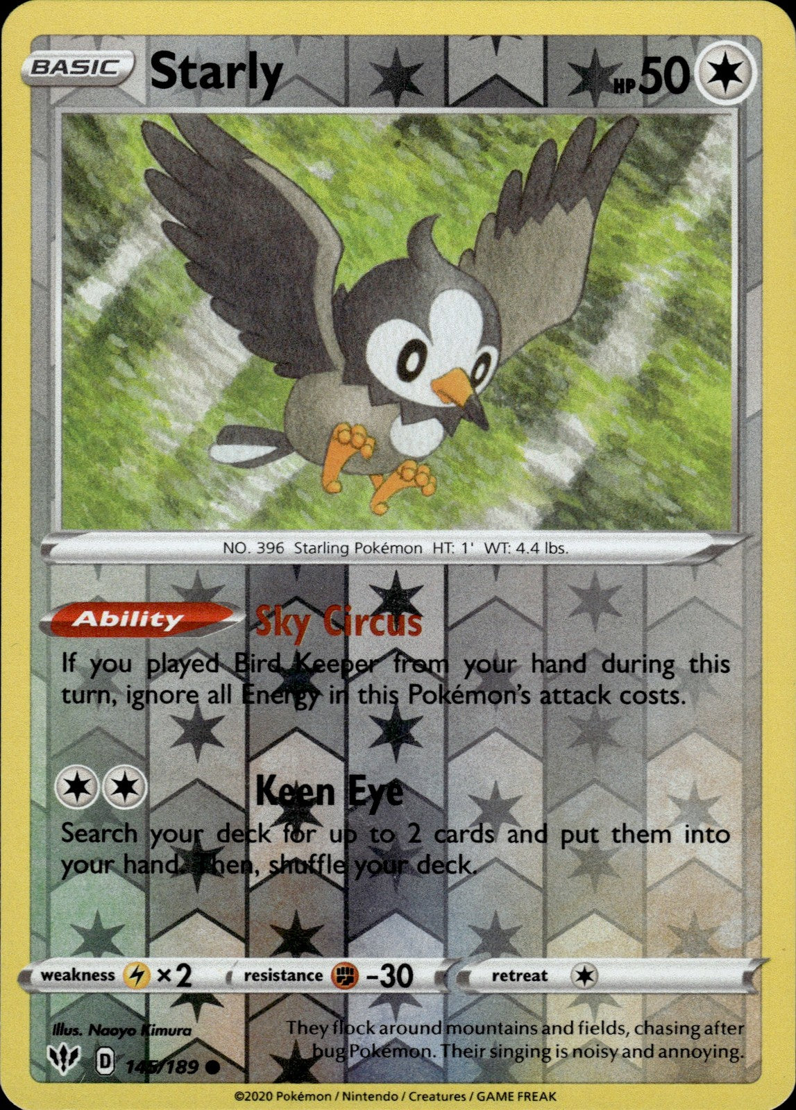 Starly Reverse Holo Common SWSH03: Darkness Ablaze 145/189 NM