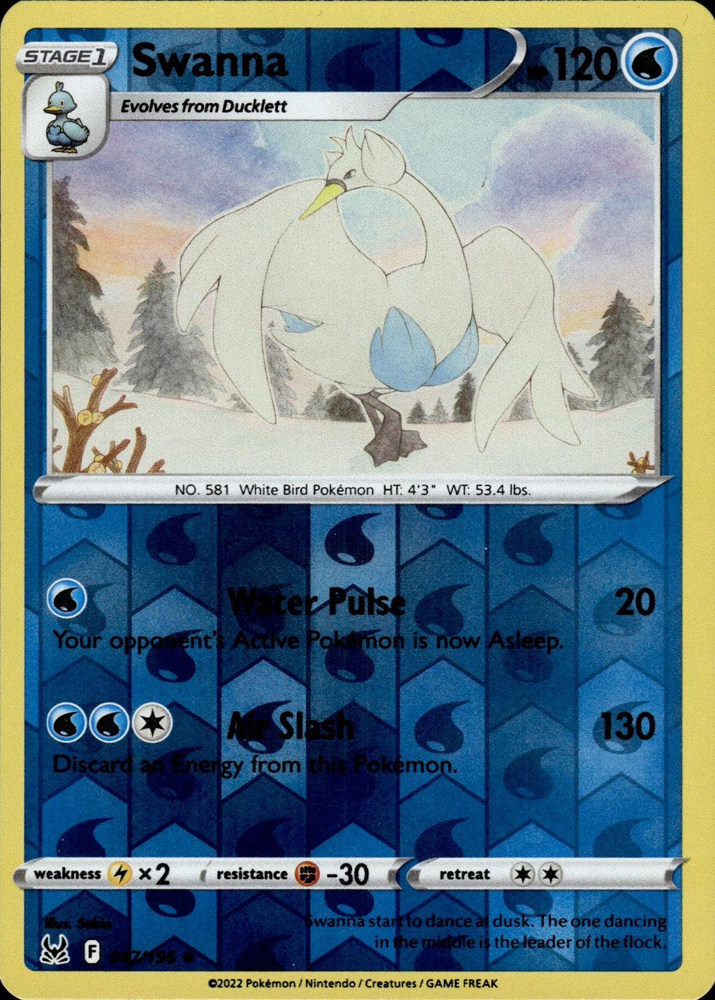 Swanna Reverse Holo Uncommon SWSH11: Lost Origin 047/196 NM