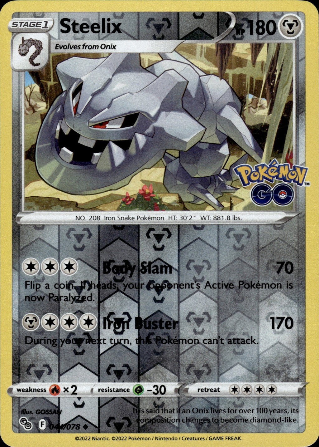 Steelix Reverse Holo Uncommon Pokemon GO 044/078 NM