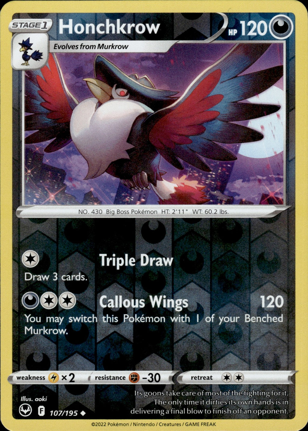 Honchkrow Reverse Holo Uncommon SWSH12: Silver Tempest 107/195 NM