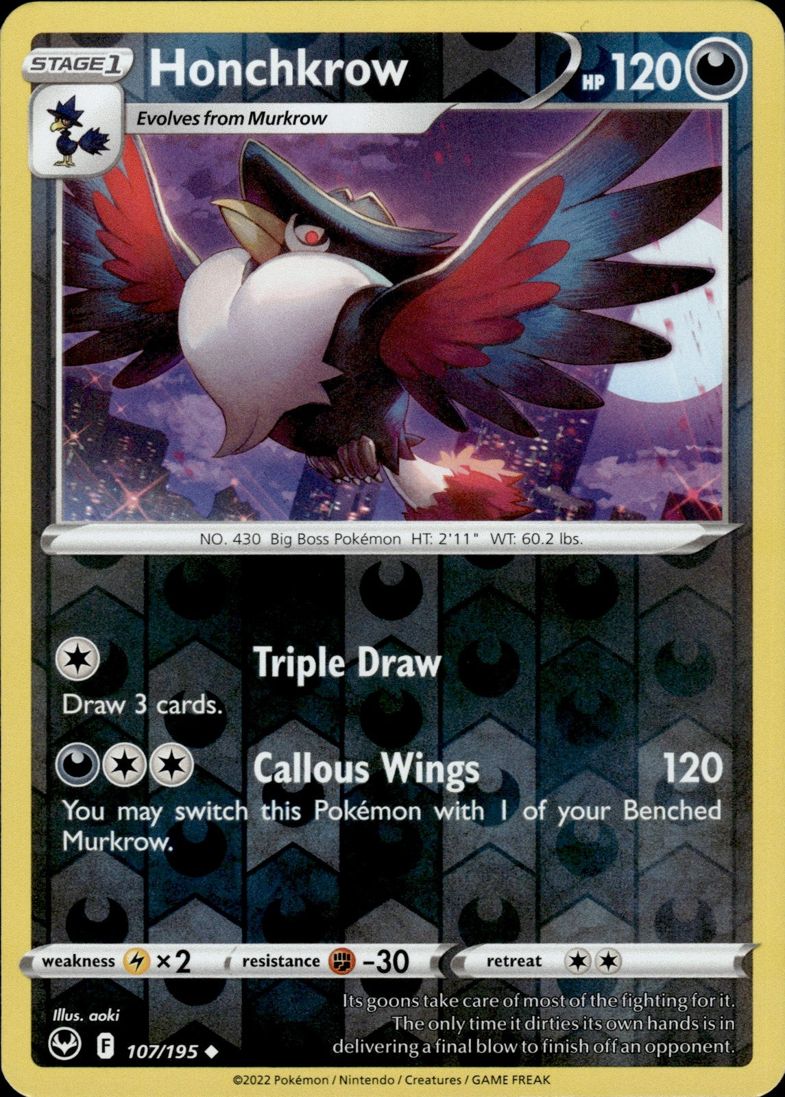 Honchkrow Reverse Holo Uncommon SWSH12: Silver Tempest 107/195 NM