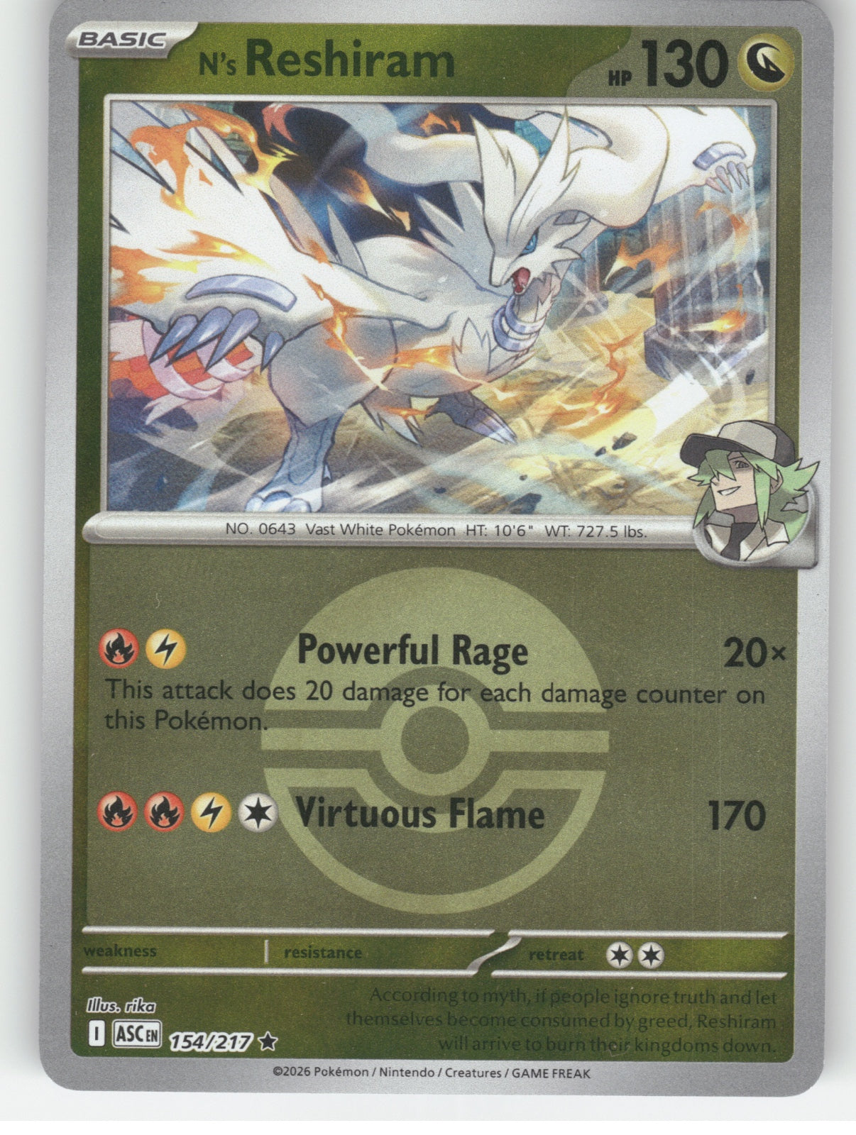 N's Reshiram (Poke Ball) Reverse Holo Rare ME: Ascended Heroes 154/217 NM