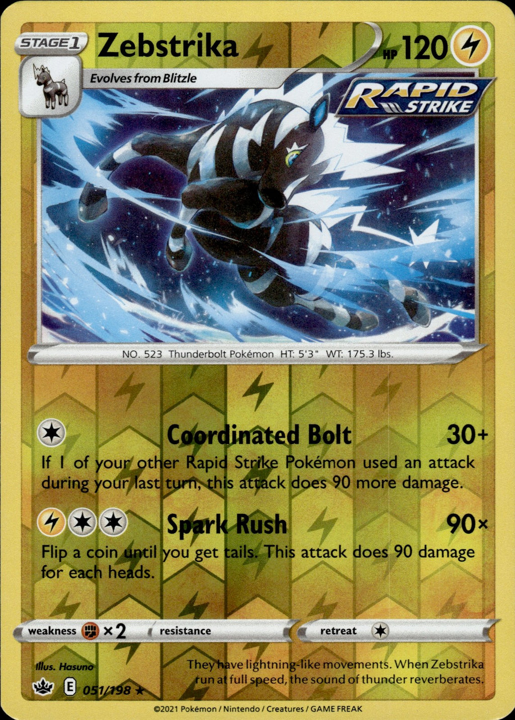 Zebstrika Reverse Holo Rare SWSH06: Chilling Reign 051/198 NM