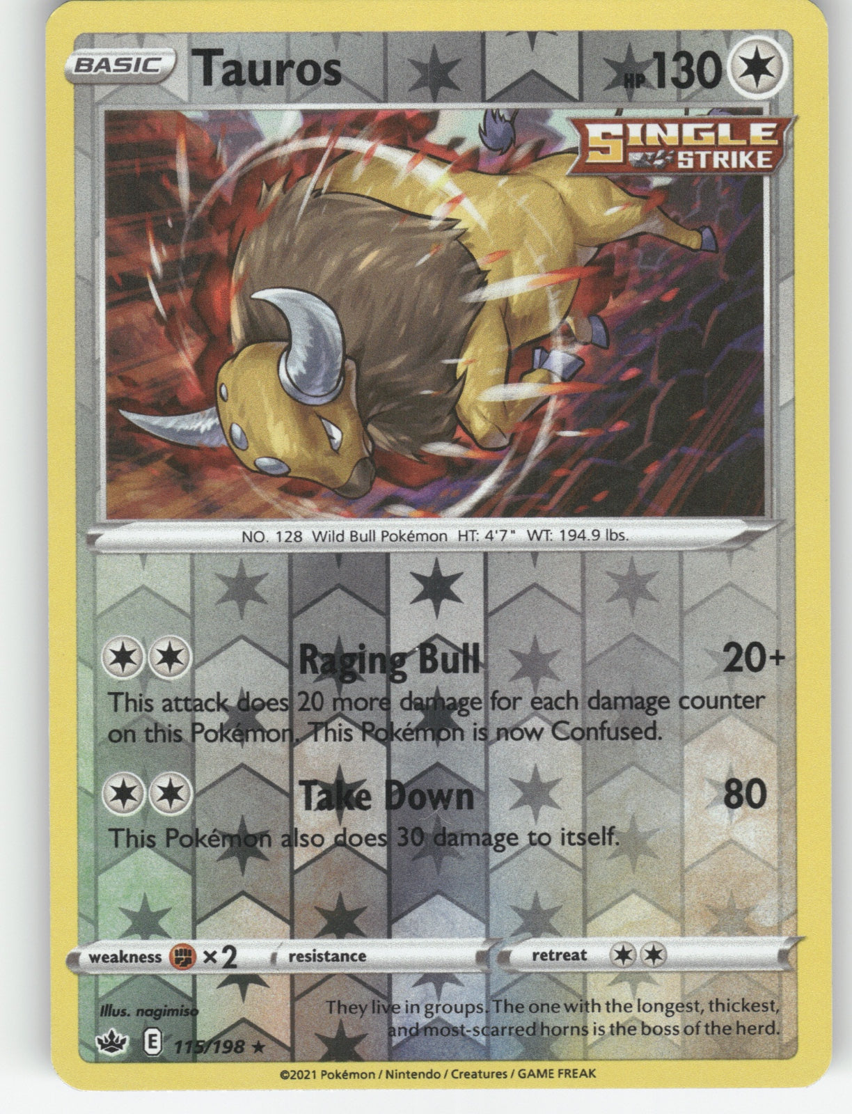 Tauros Reverse Holo Holo Rare SWSH06: Chilling Reign 115/198 NM