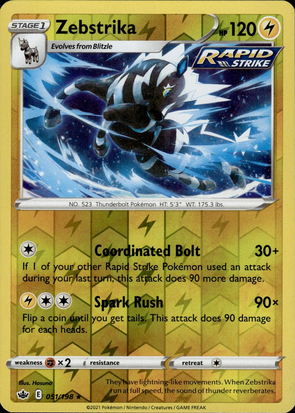 Zebstrika Reverse Holo Rare SWSH06: Chilling Reign 051/198 NM