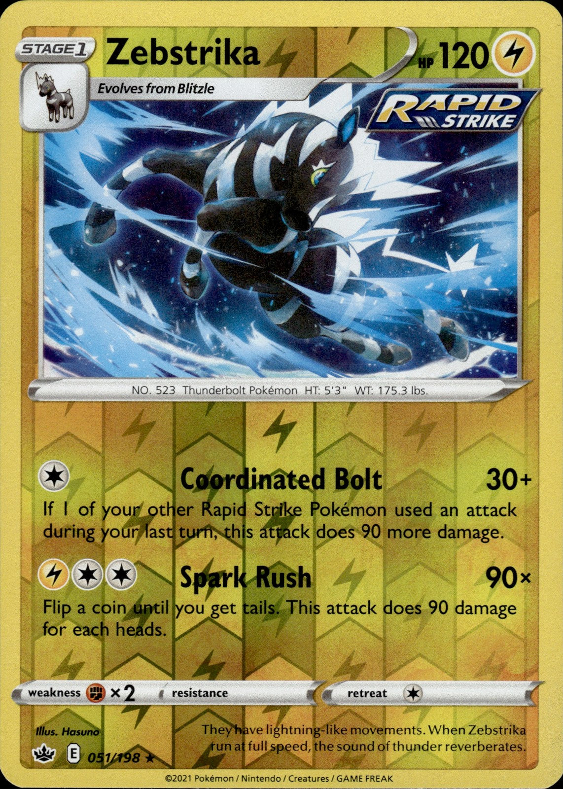 Zebstrika Reverse Holo Rare SWSH06: Chilling Reign 051/198 NM