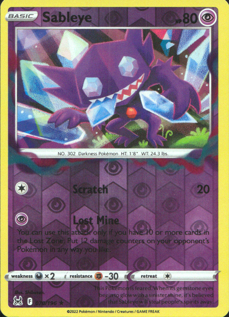 Sableye Reverse Holo Holo Rare SWSH11: Lost Origin 070/196 NM