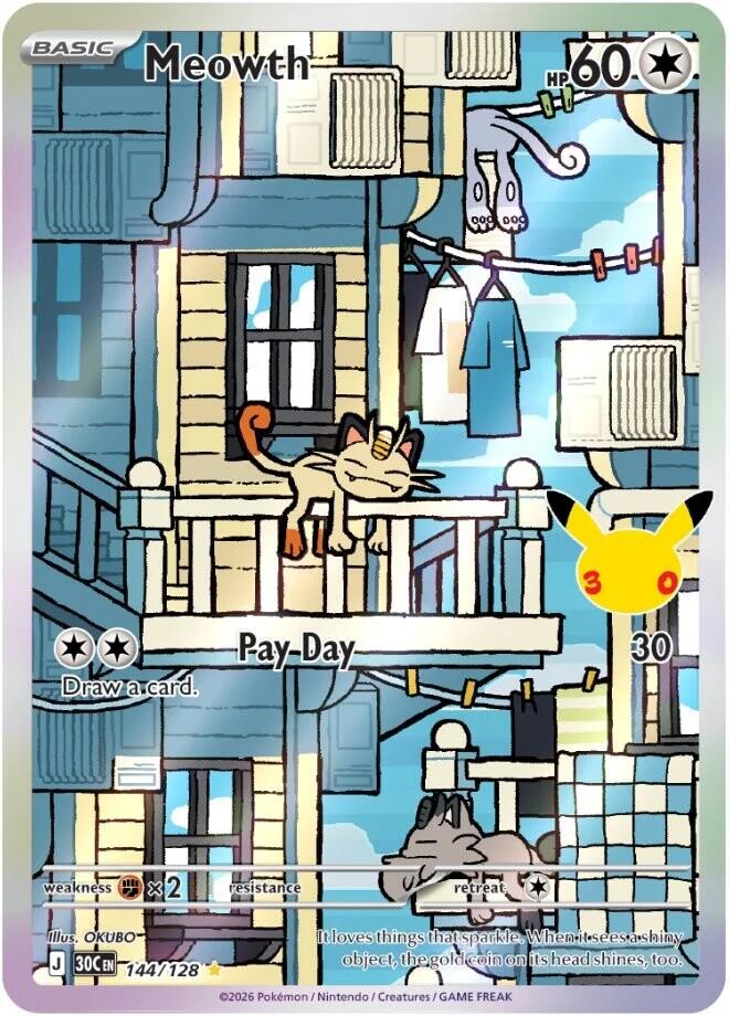 Meowth Holo Illustration Rare ME: 30th Celebration 144/128 NM