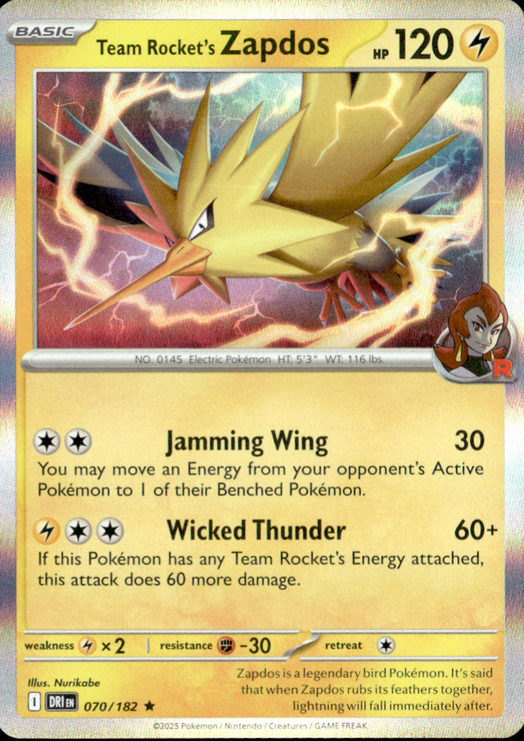 Team Rocket's Zapdos Reverse Holo Rare SV10: Destined Rivals 070/182 NM